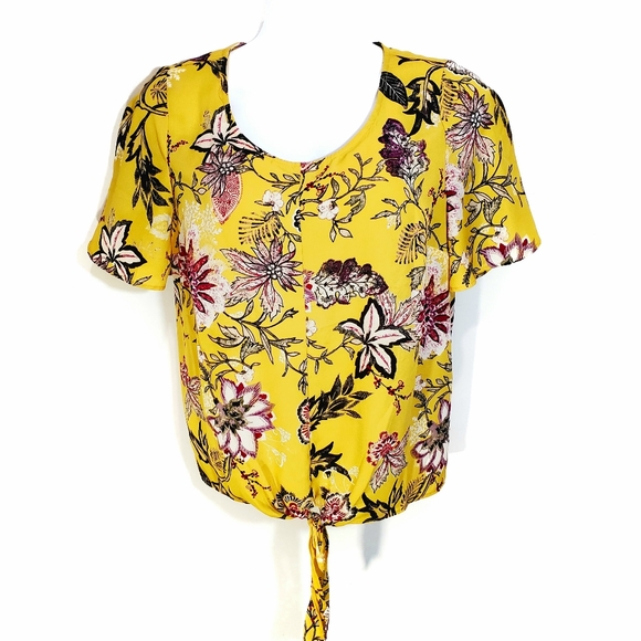 Label Rachel Roy Yellow Floral Print Short Flutter Sleeve Blouse Top Size L NWOT - Picture 2 of 6